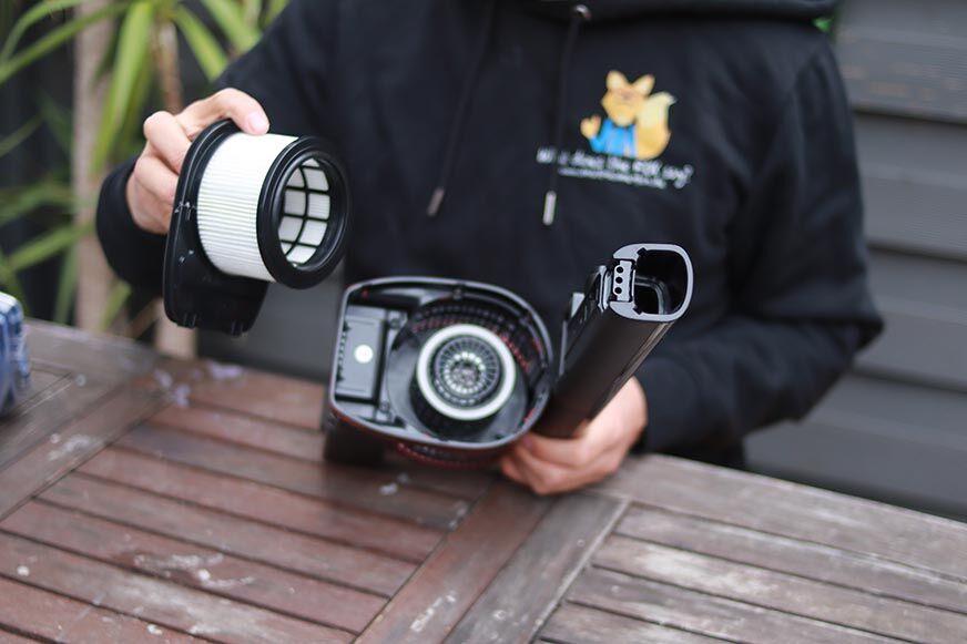 The HEPA filter is taken out of the Shark Anti Hair Wrap Flexology. 